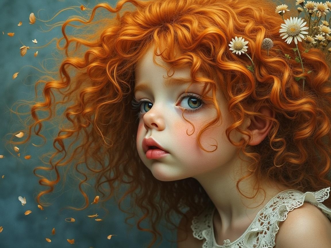 Young girl with red hair and floral accents in vintage style