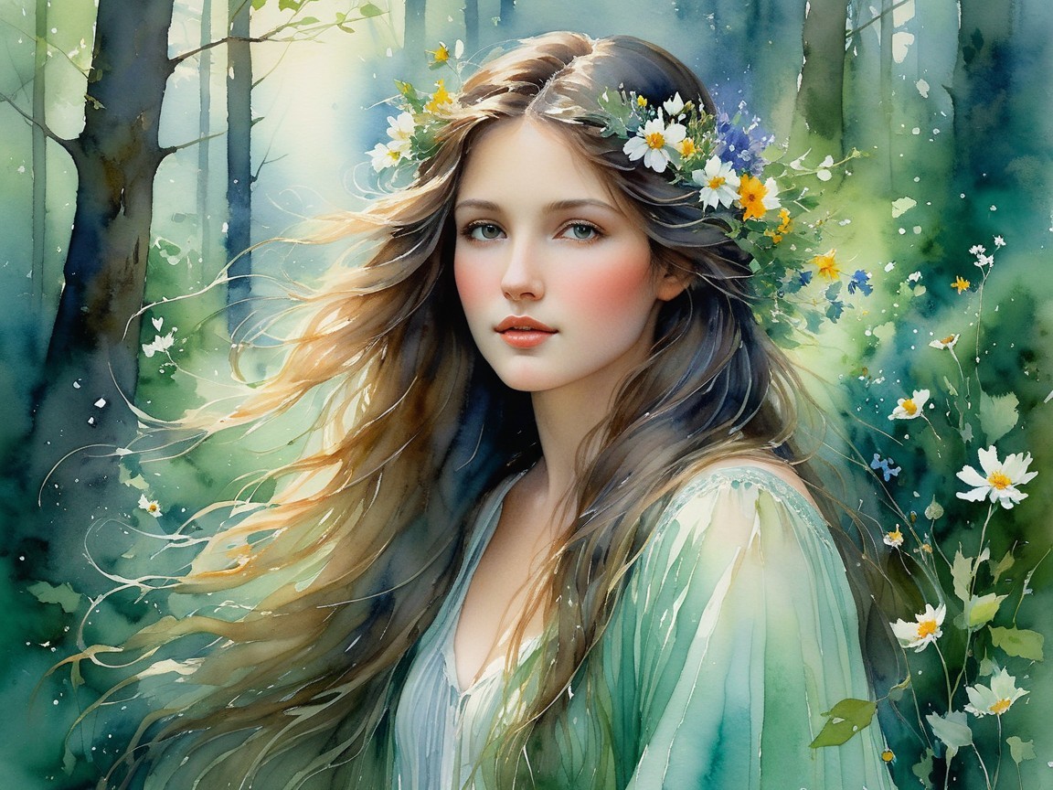 Serene Young Woman in Floral Crown in Forest Setting