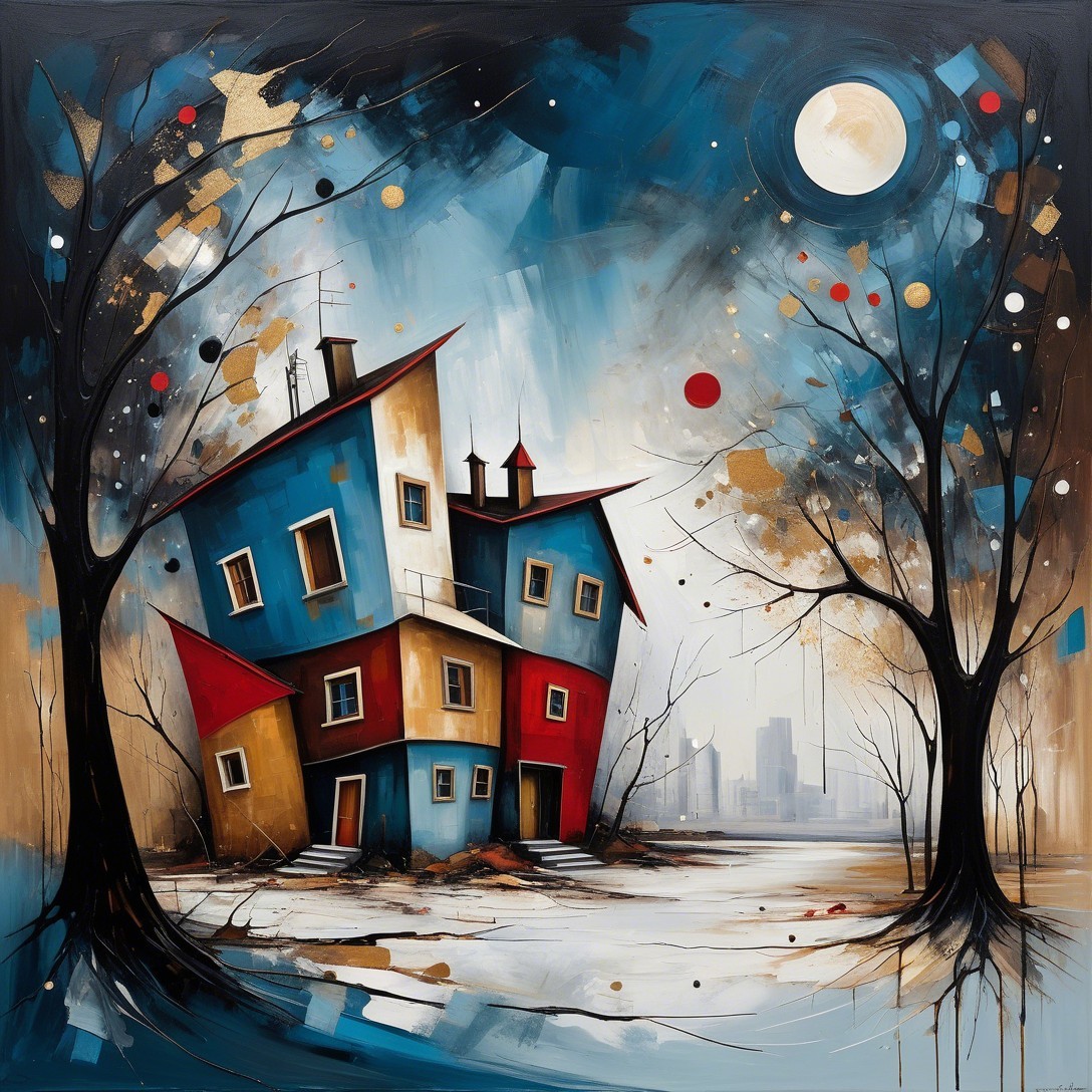 Whimsical Tilted House Under Dramatic Moonlit Sky