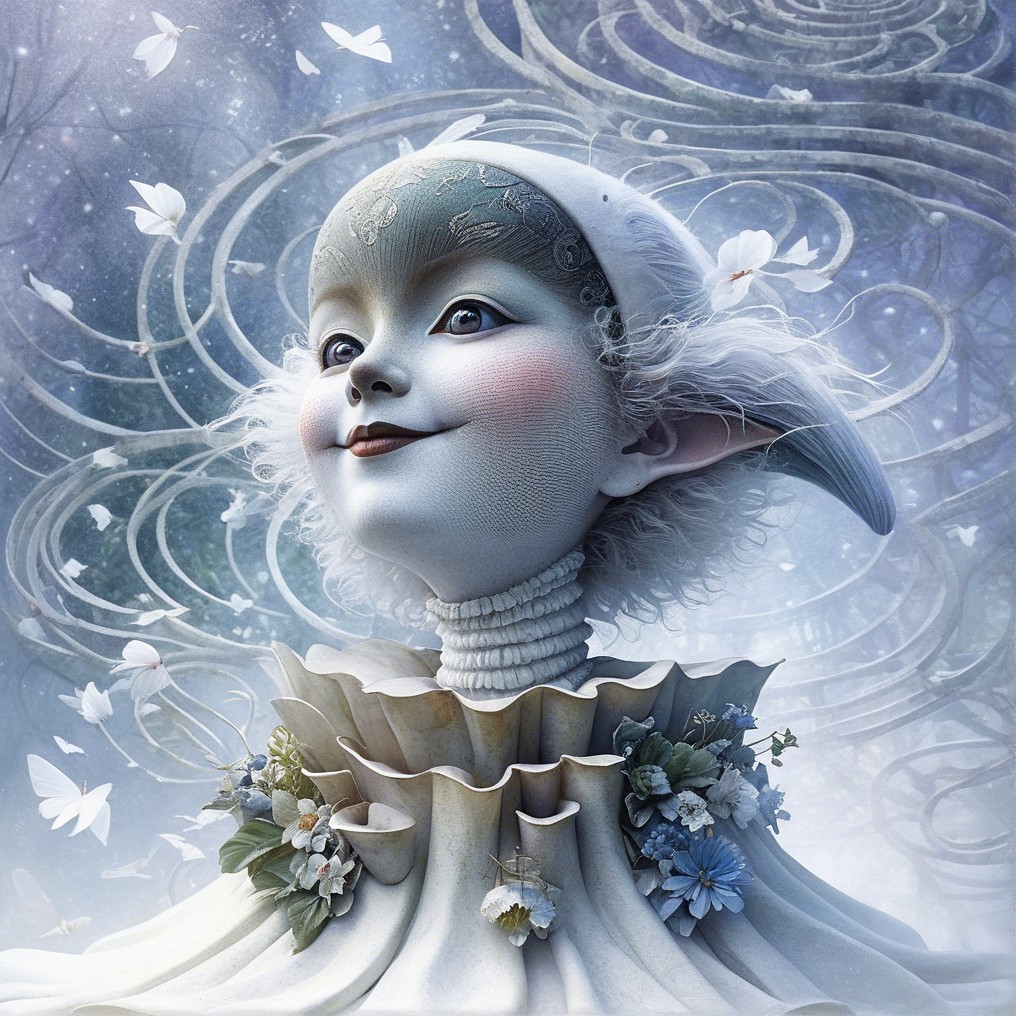 Whimsical Ethereal Figure with Floral Collar and Butterflies