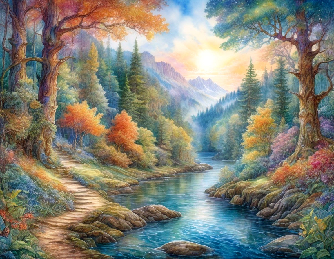 Serene Landscape with Forest, River, and Mountains