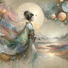 Serene Woman in Floral Kimono with Moonlit Mountains