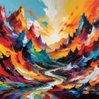 Vivid Impasto Oil Painting of Colorful Mountain Landscape