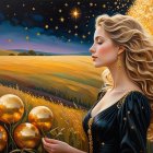 Serene Woman in Golden Landscape with Dark Sky