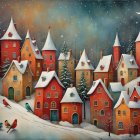 Watercolor Painting of Serene Winter Village Landscape