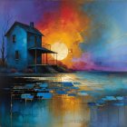 Vibrant Abstract Impasto Painting of Sunset Over Water