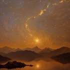 Tranquil Lake at Sunset with Rolling Hills and House