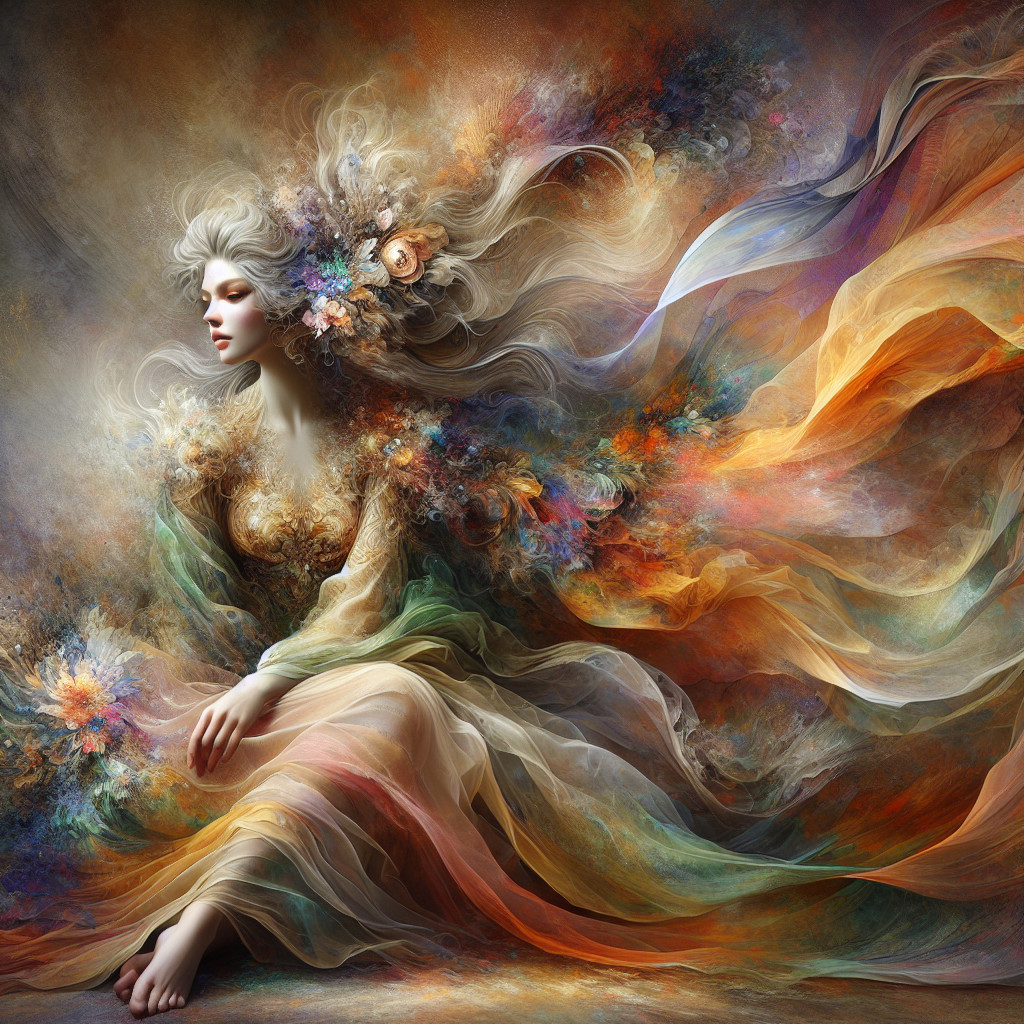 Graceful figure in vibrant robes with floral accents