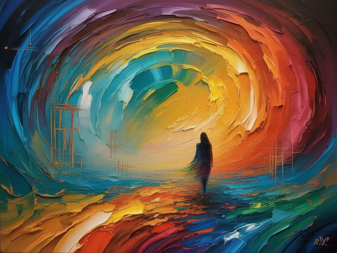 Vibrant Abstract Scene with Solitary Figure and Colors