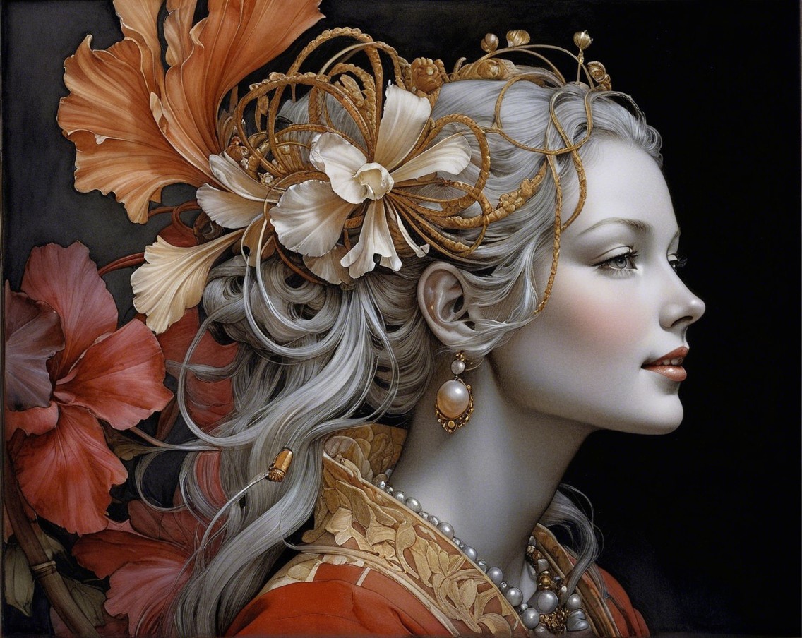 Profile of a Woman with Floral Elements and Jewelry