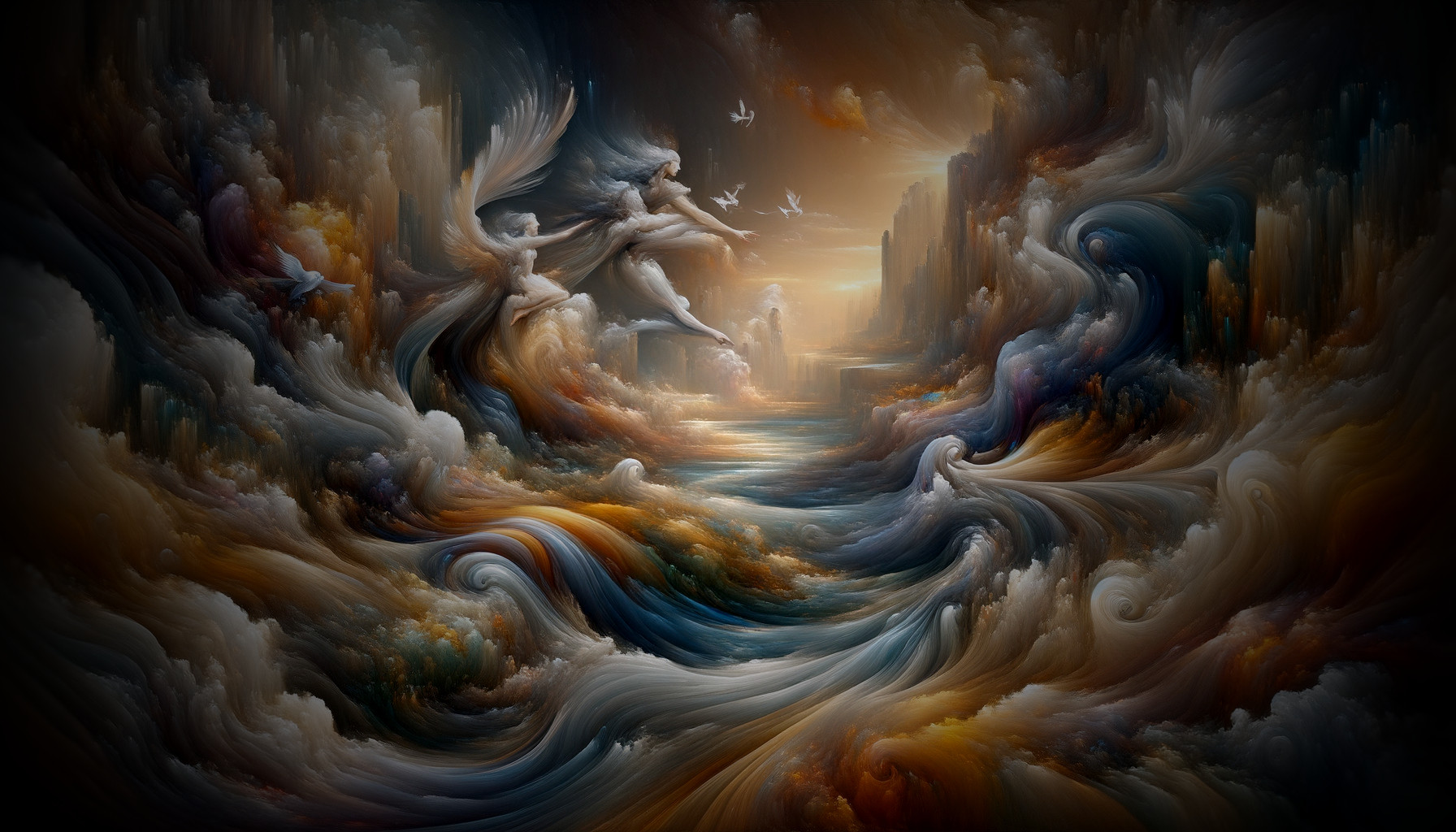 Abstract painting with swirling clouds, waves, figures, and birds merging in dreamlike scenery