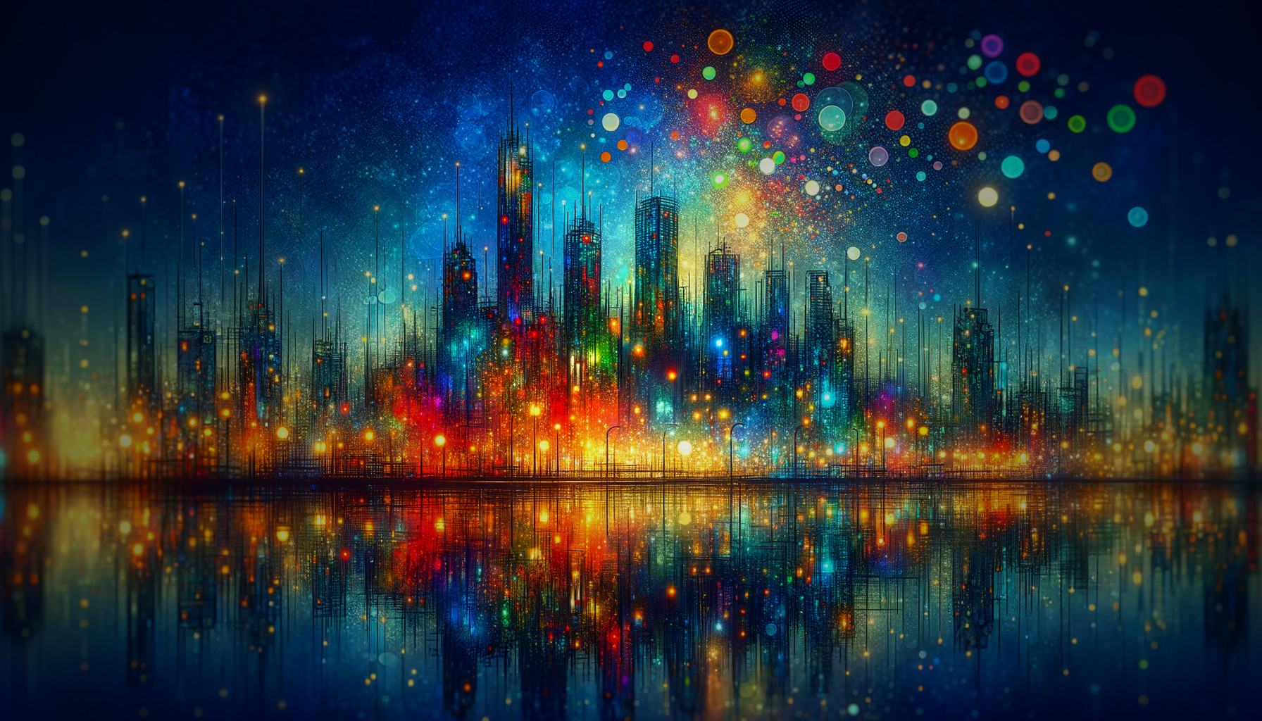 Colorful Cityscape Reflected on Tranquil Water