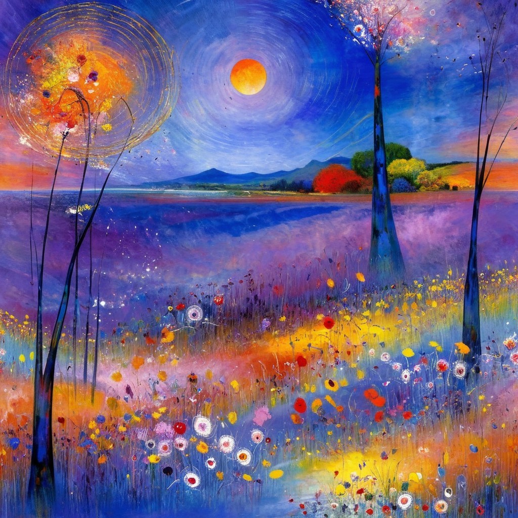 Surreal Landscape with Colorful Patterns and Flowers