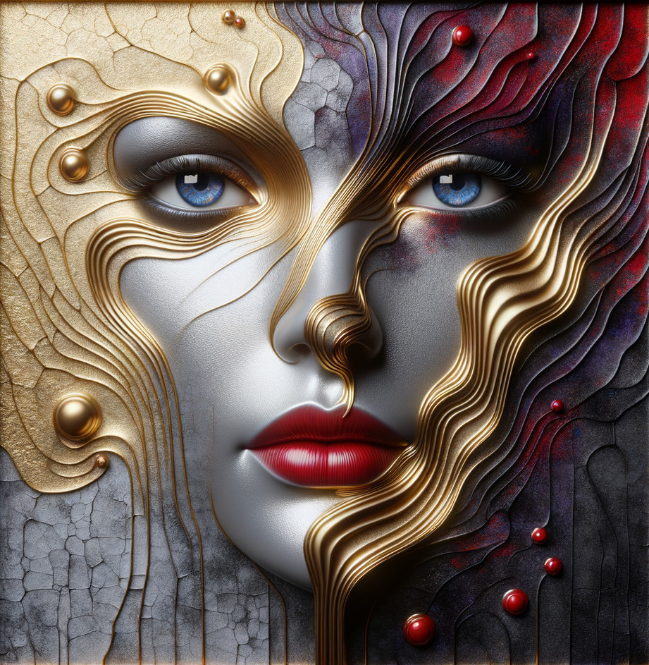 Abstract Face with Blue Eyes and Golden Accents