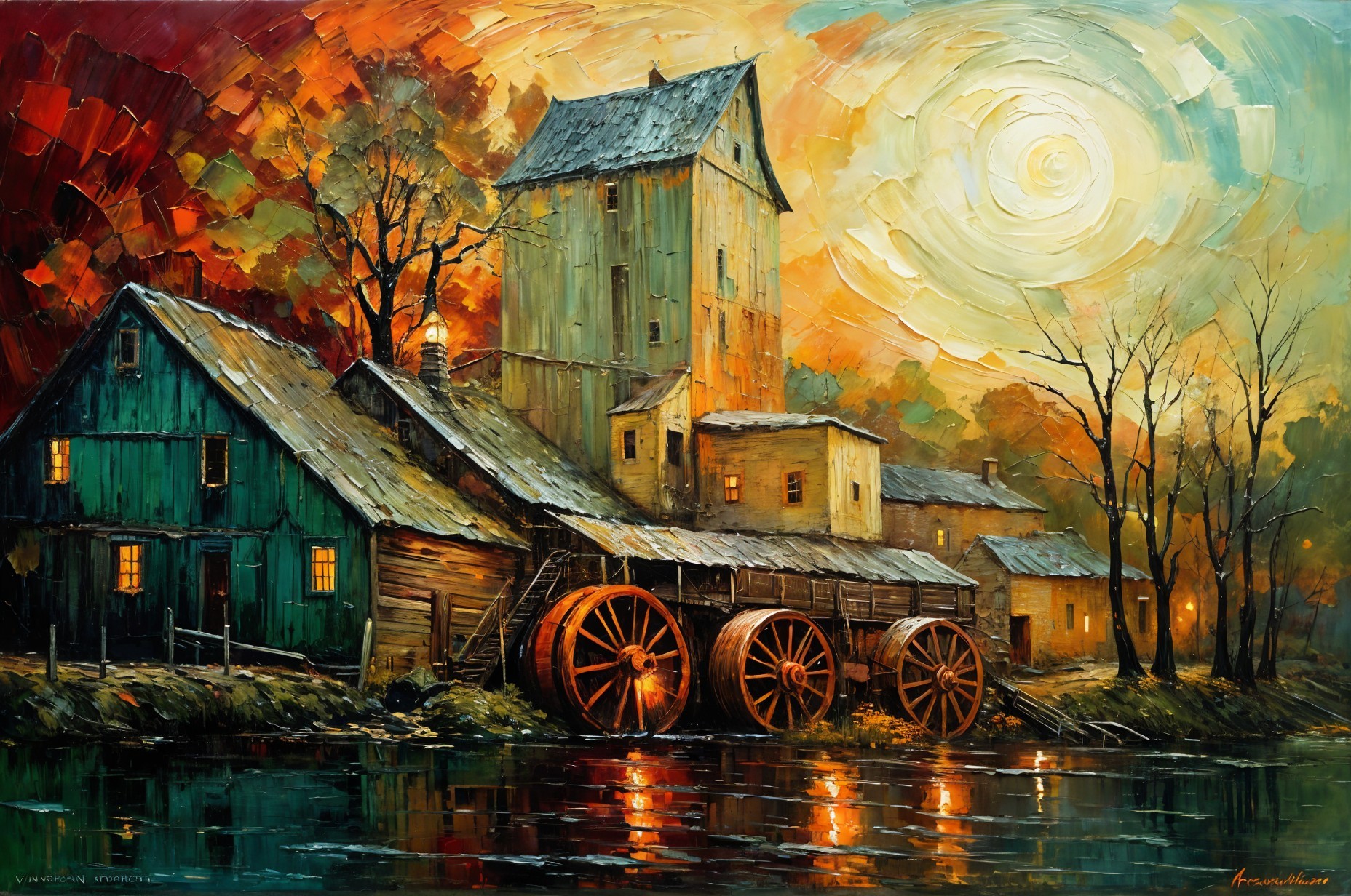 Autumn Watermill Scene by a Serene River