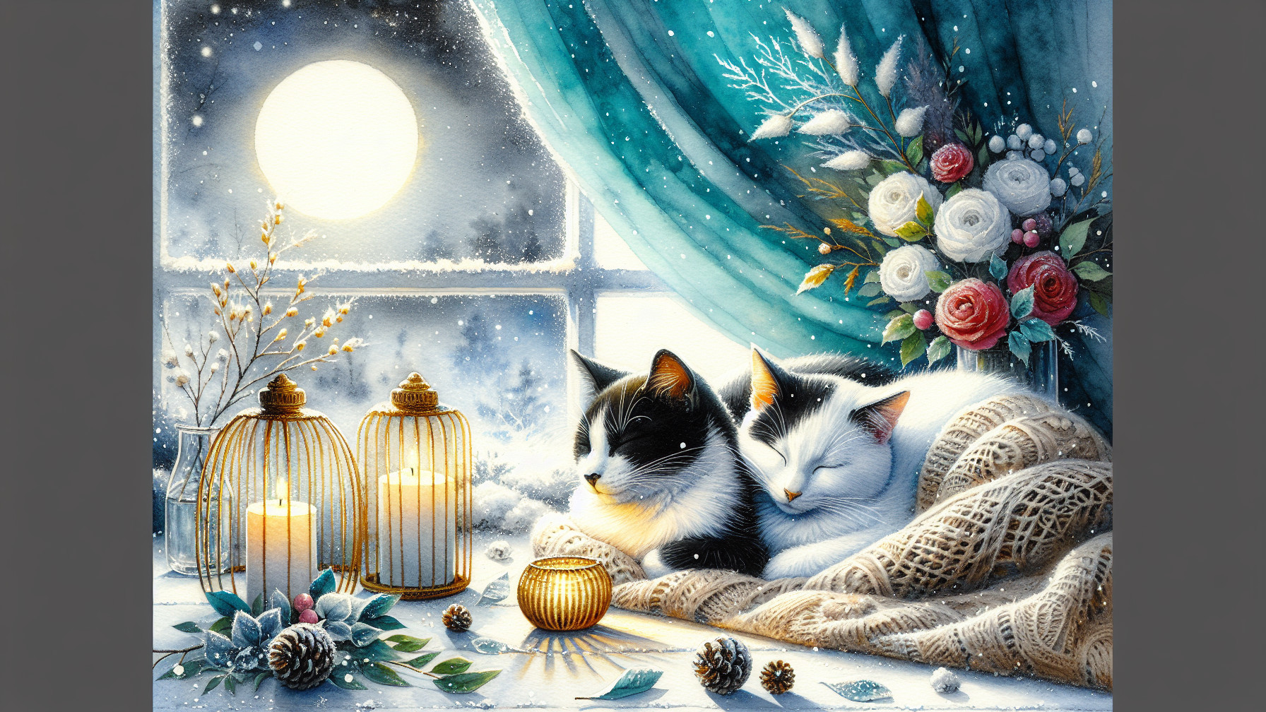 Cozy Winter Scene with Cats and Moonlit Decor