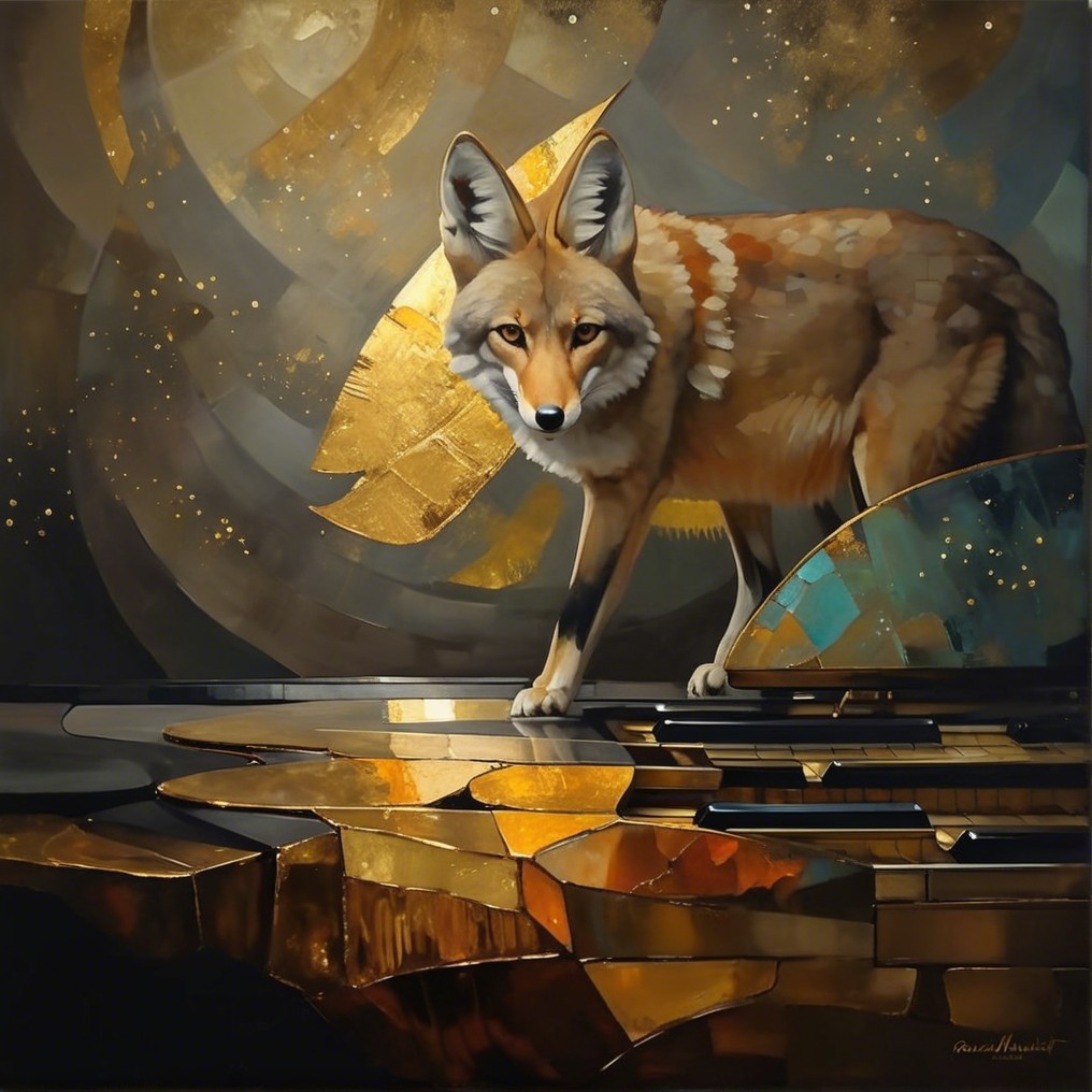 Stylized coyote against abstract gold backdrop