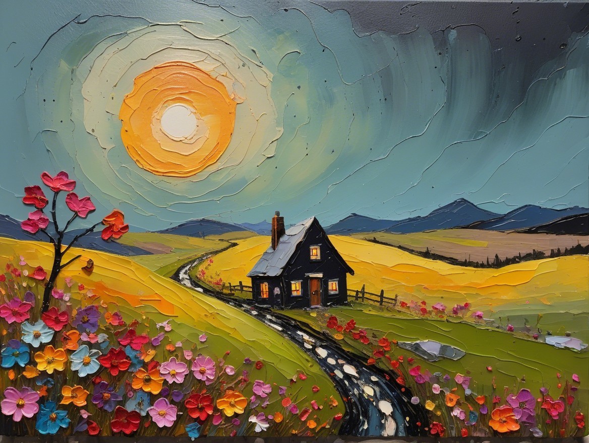 Vibrant Landscape with Cottage and Colorful Flowers
