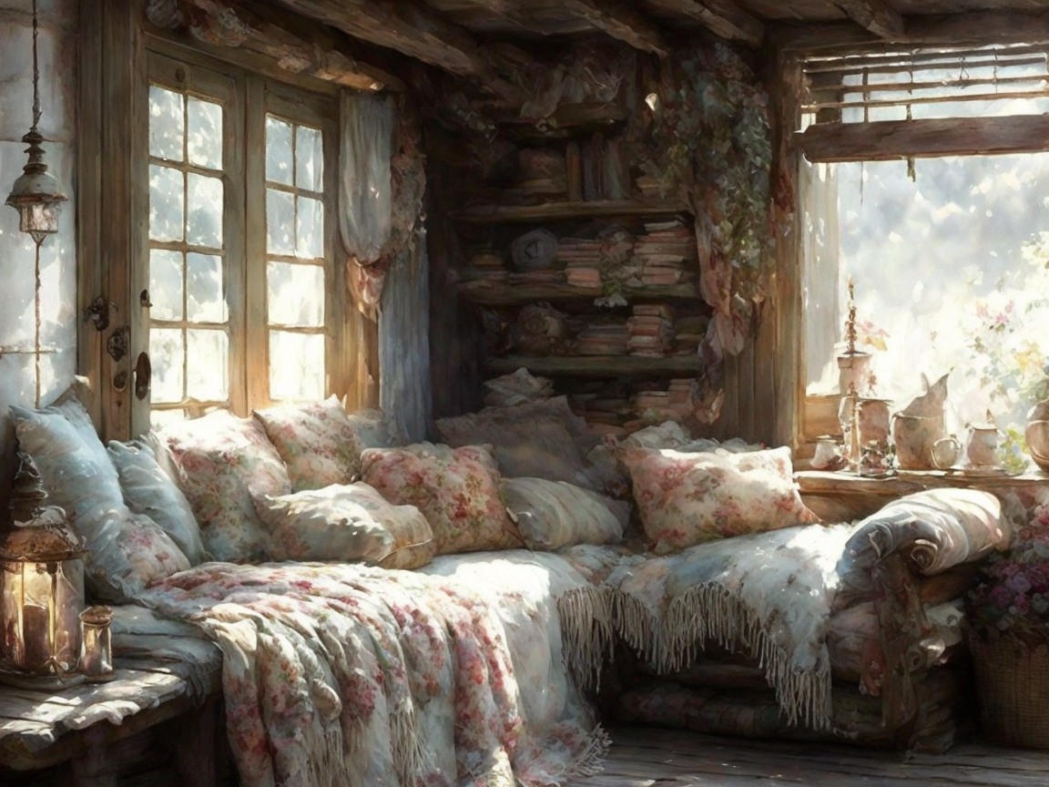Cozy Sunlit Room with Floral Decor and Bookshelf