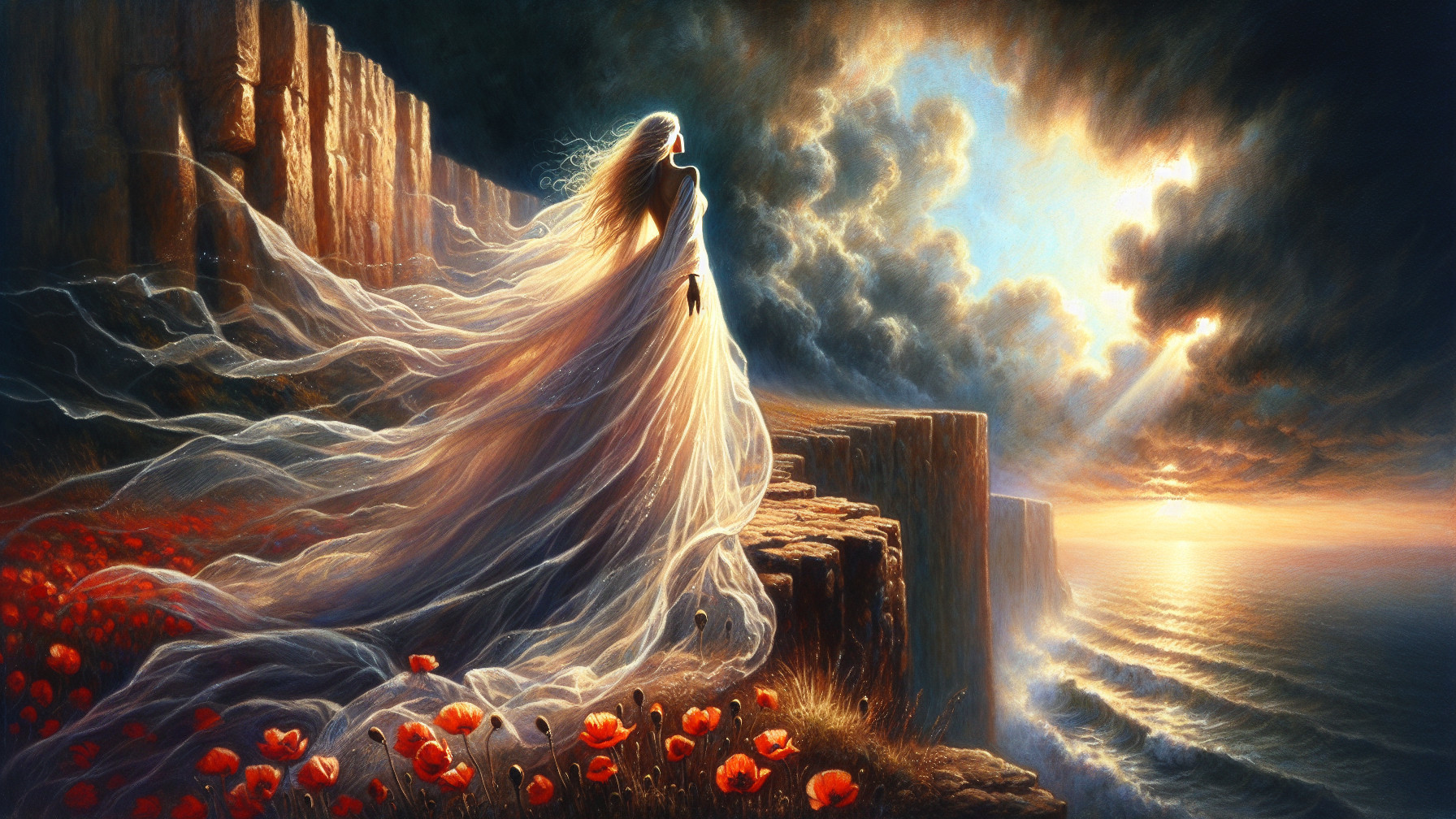 Mystical Figure on Cliff Overlooking Turbulent Sea
