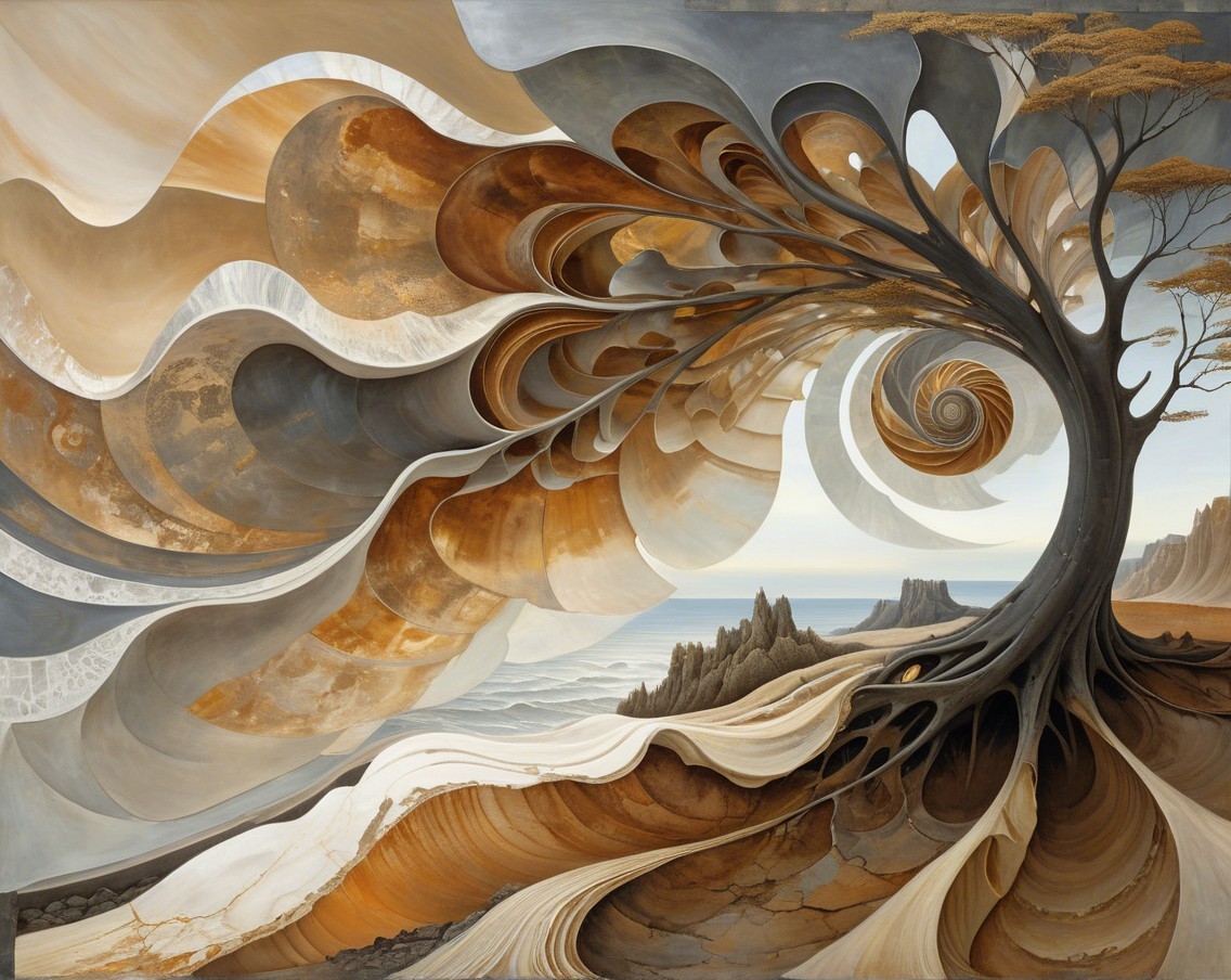 Surreal Landscape with Spiraling Tree and Seascape
