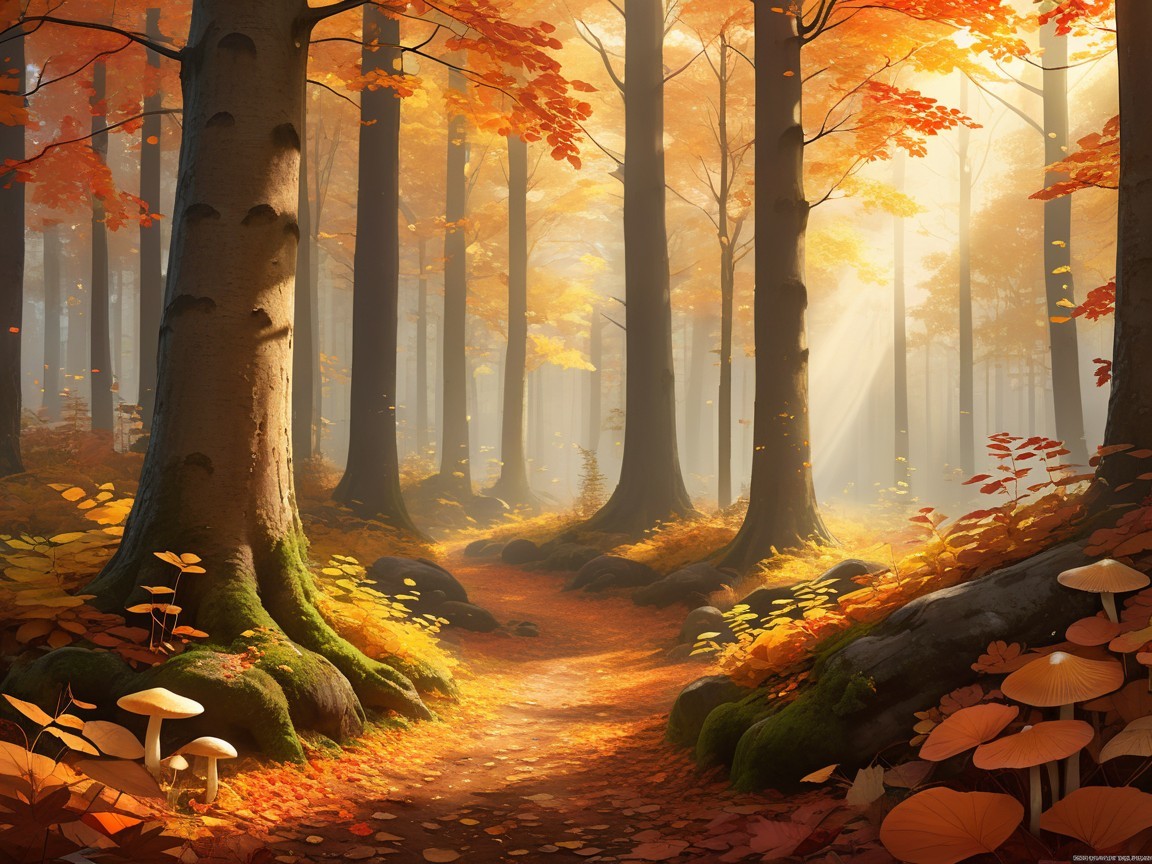 Autumn Forest Scene with Vibrant Leaves and Sunlight