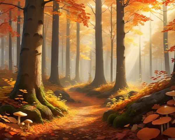Autumn Forest Scene with Vibrant Leaves and Sunlight