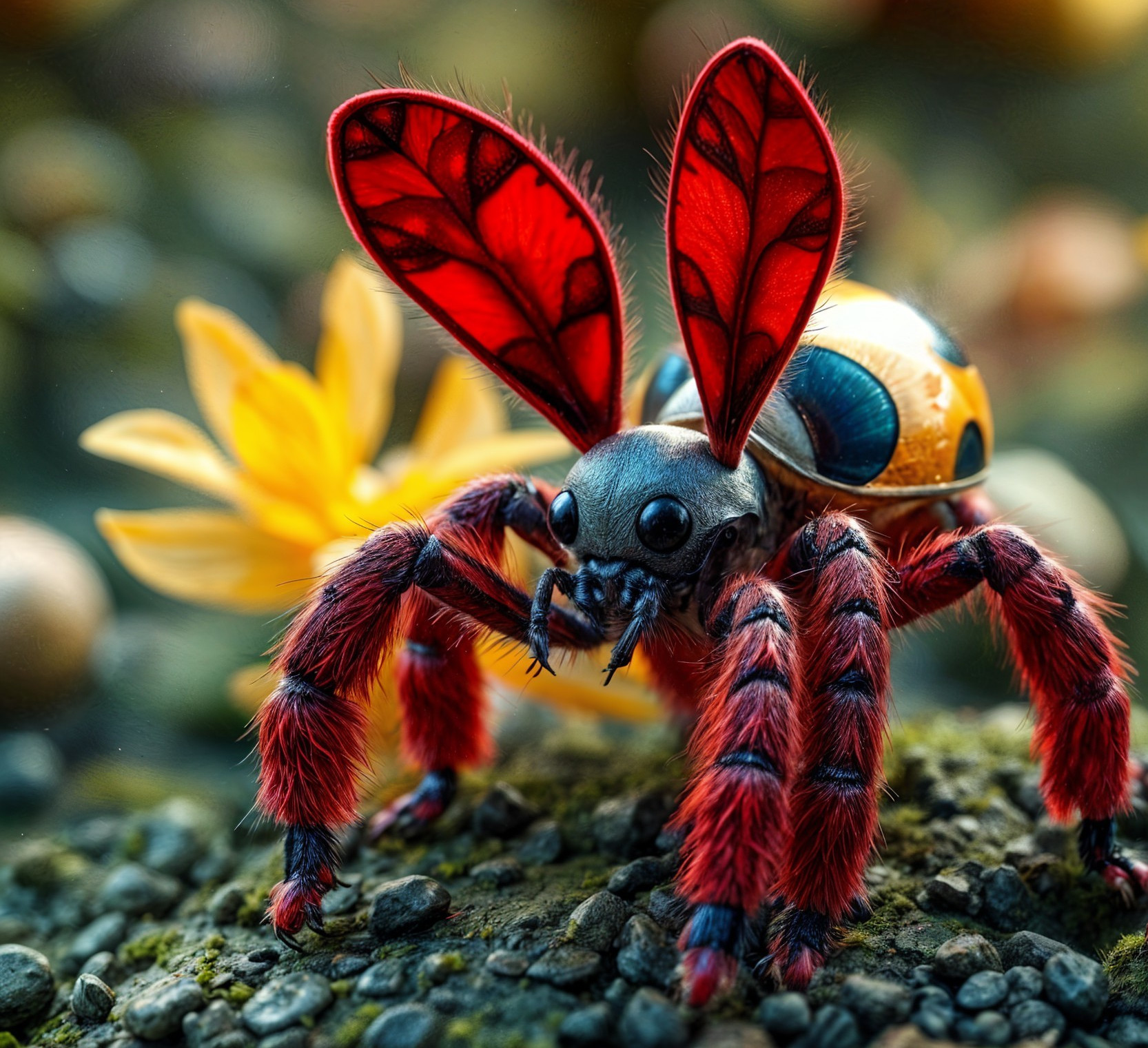 Cartoonish Insect with Red Ears and Fluffy Legs
