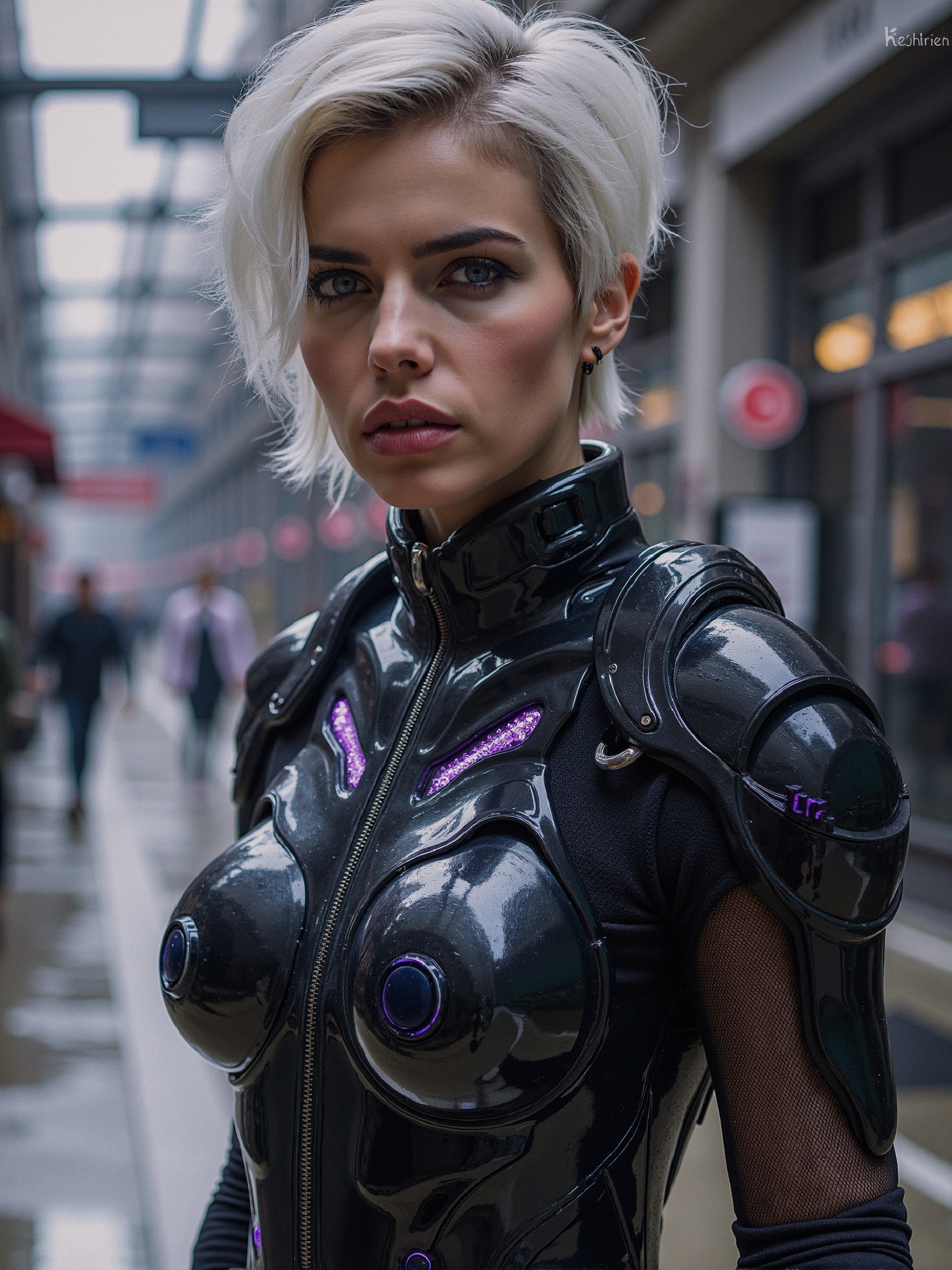Futuristic Individual in Black Bodysuit with Purple Accents