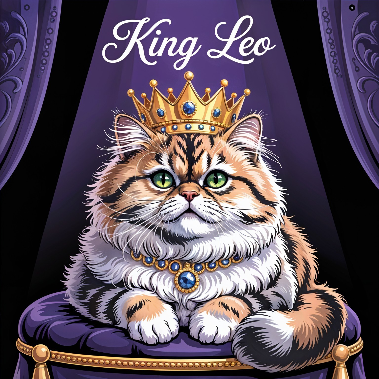 Regal Cat on Purple Throne with Golden Crown