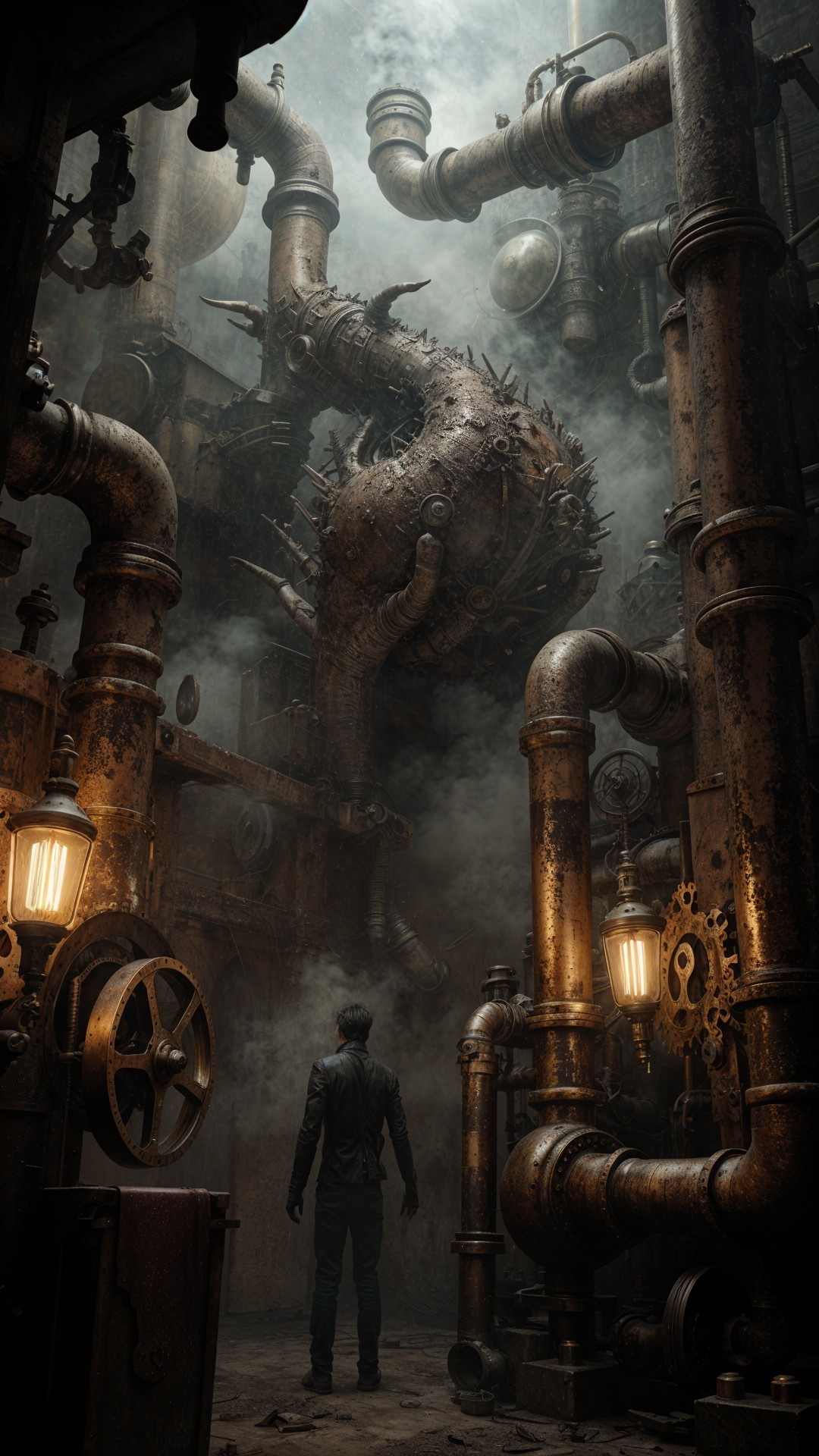 Steampunk Mechanical Structure in Dim Industrial Space