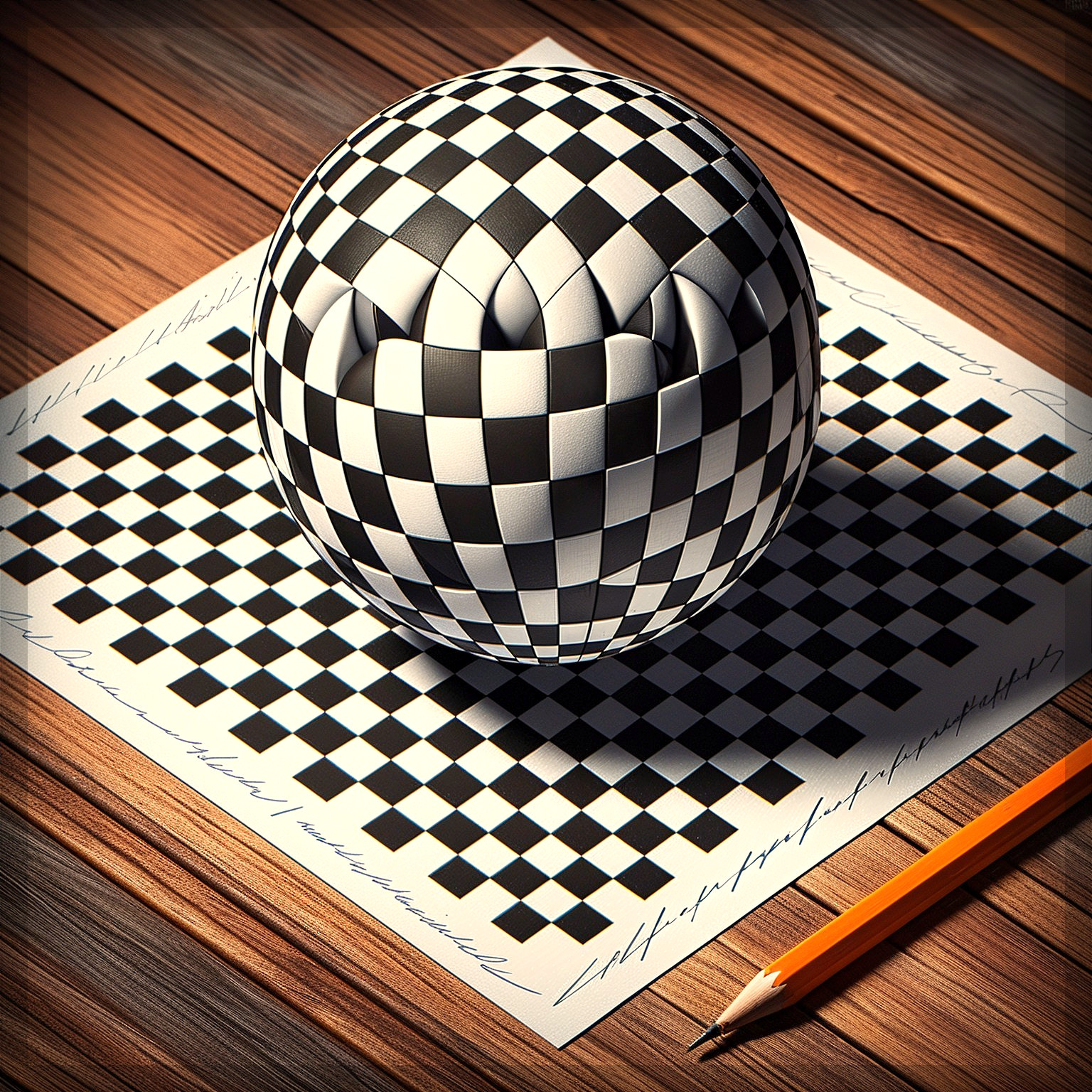 Checkerboard Sphere on Wooden Tabletop with Pencil