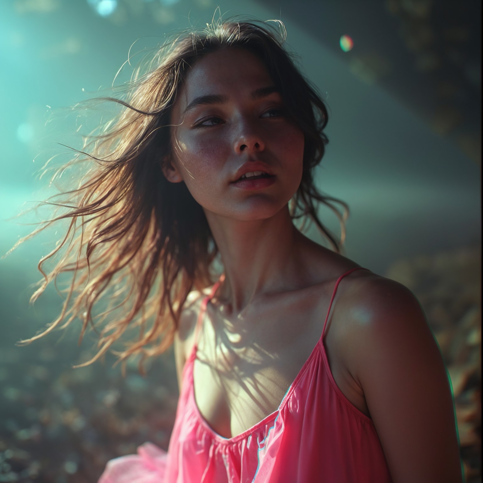 Young woman in pink dress in sunlit forest setting