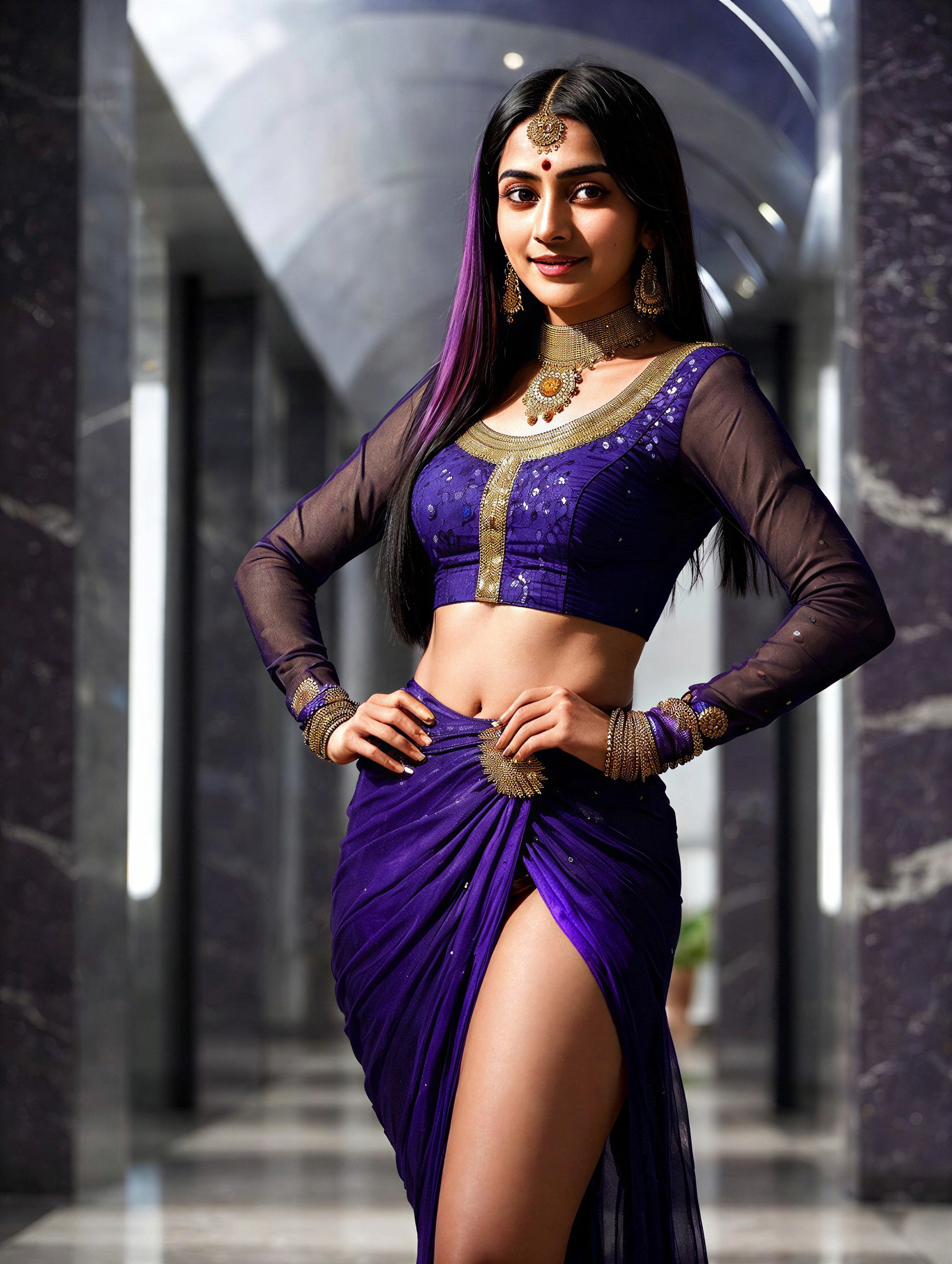 Elegant Woman in Purple Outfit in Contemporary Setting