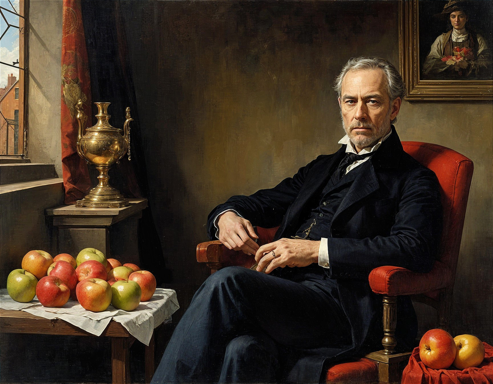 Somber Man in Plush Chair with Apples and Vase