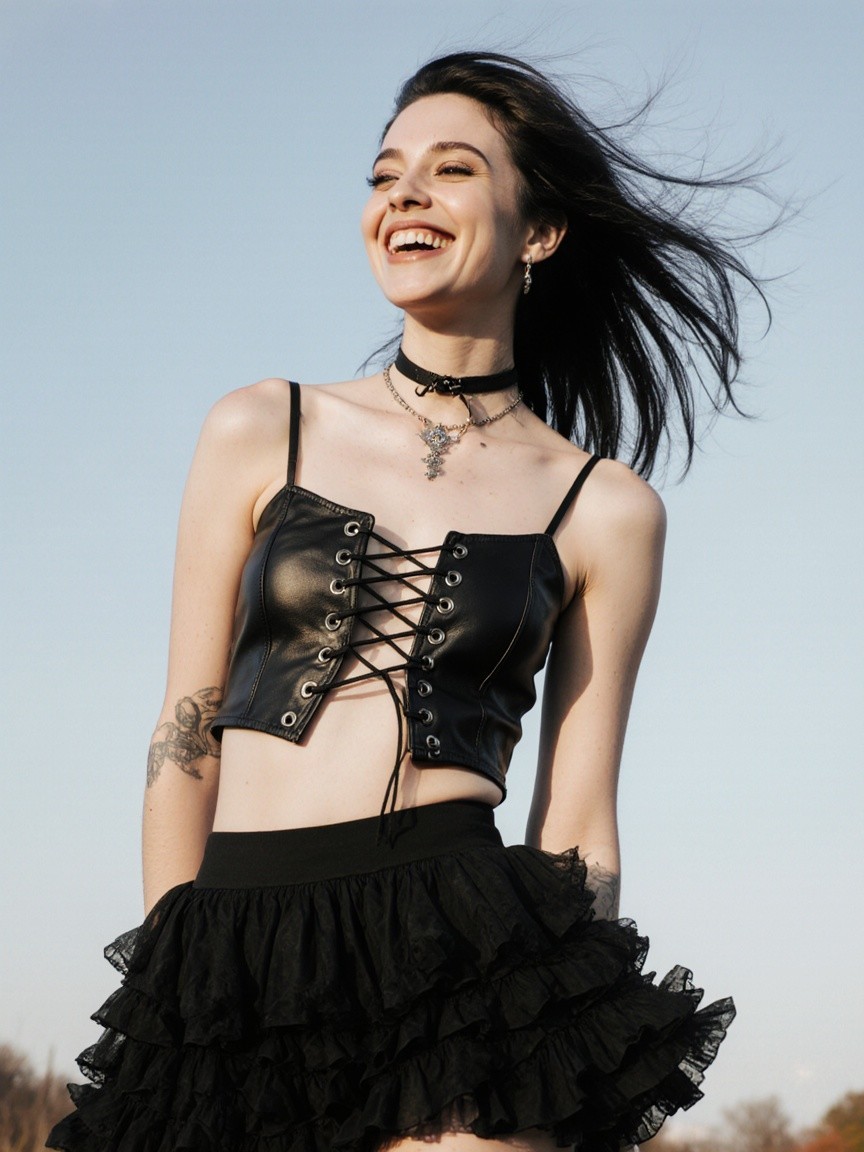 Young woman in stylish leather crop top outdoors