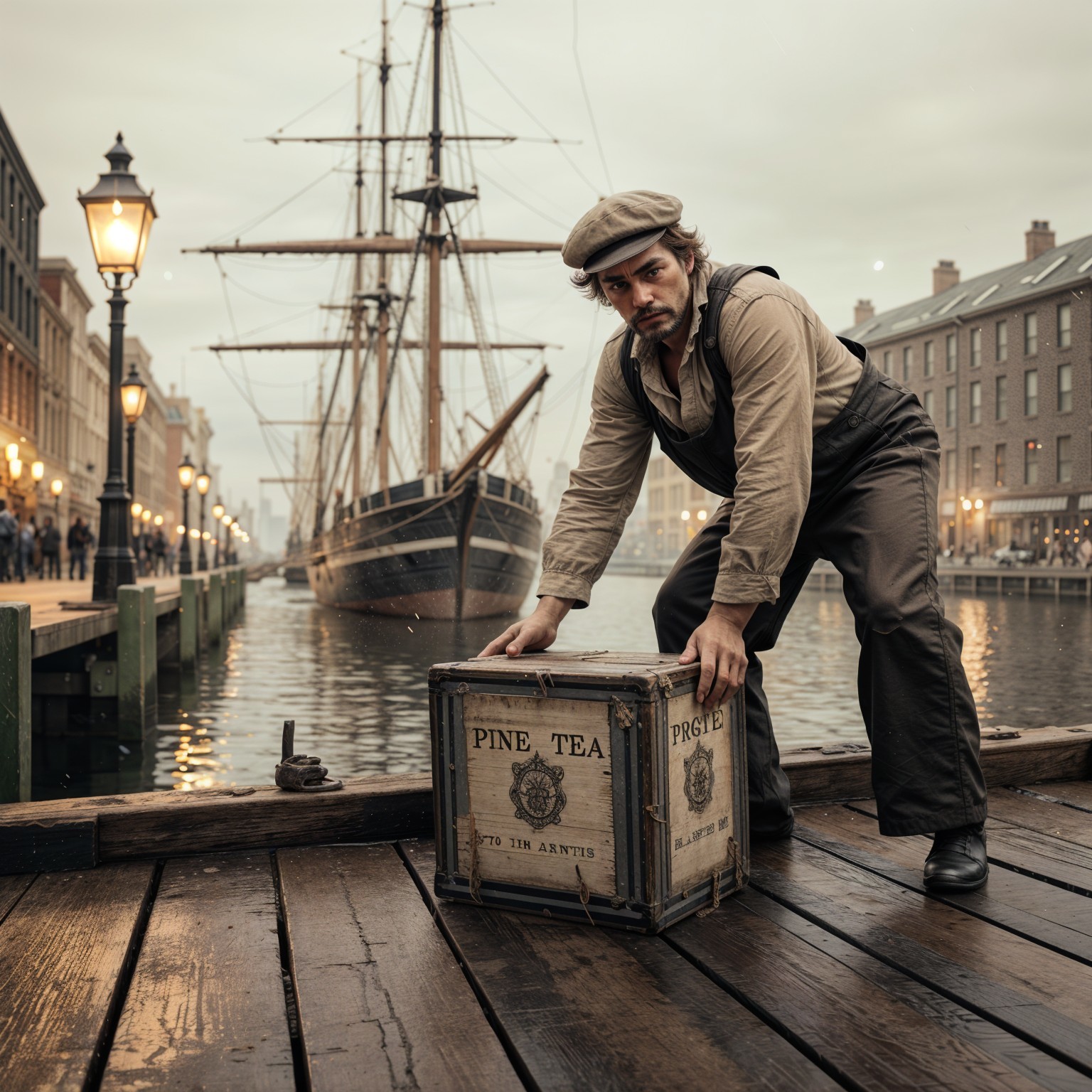 Man in Period Clothing Lifting Crate by Waterfront