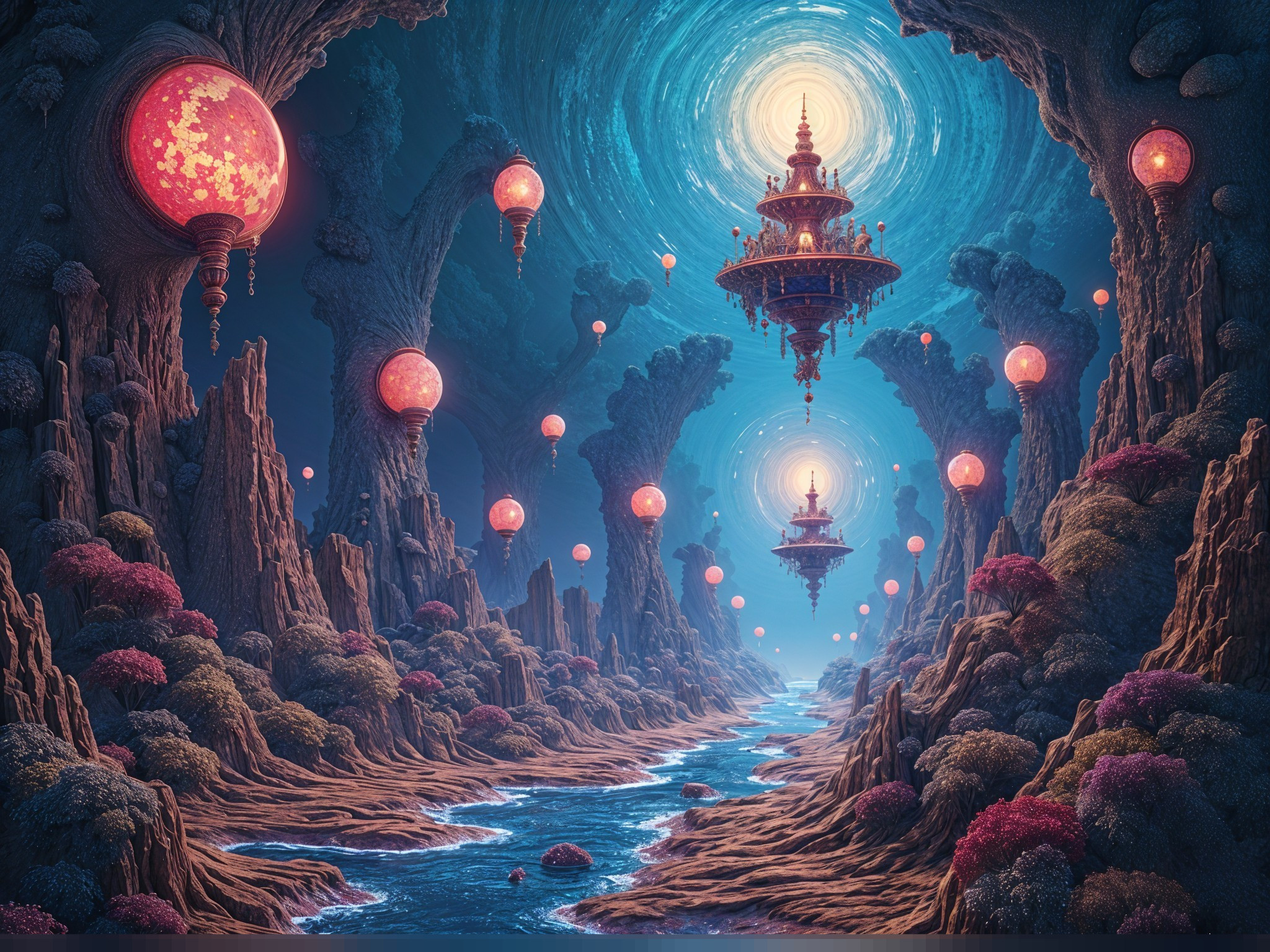 Surreal Underground Landscape with Glowing Lanterns