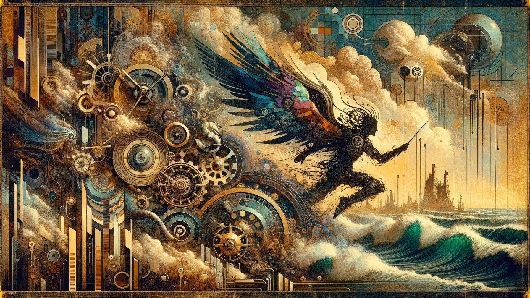 Winged Figure Leaping Over Steampunk Waves and Clouds
