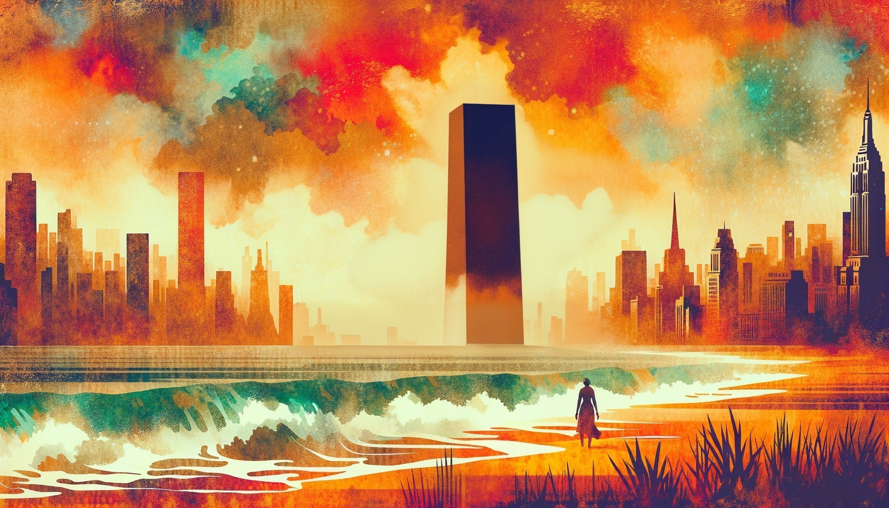 Surreal Landscape with Silhouetted Figure and Skyscrapers