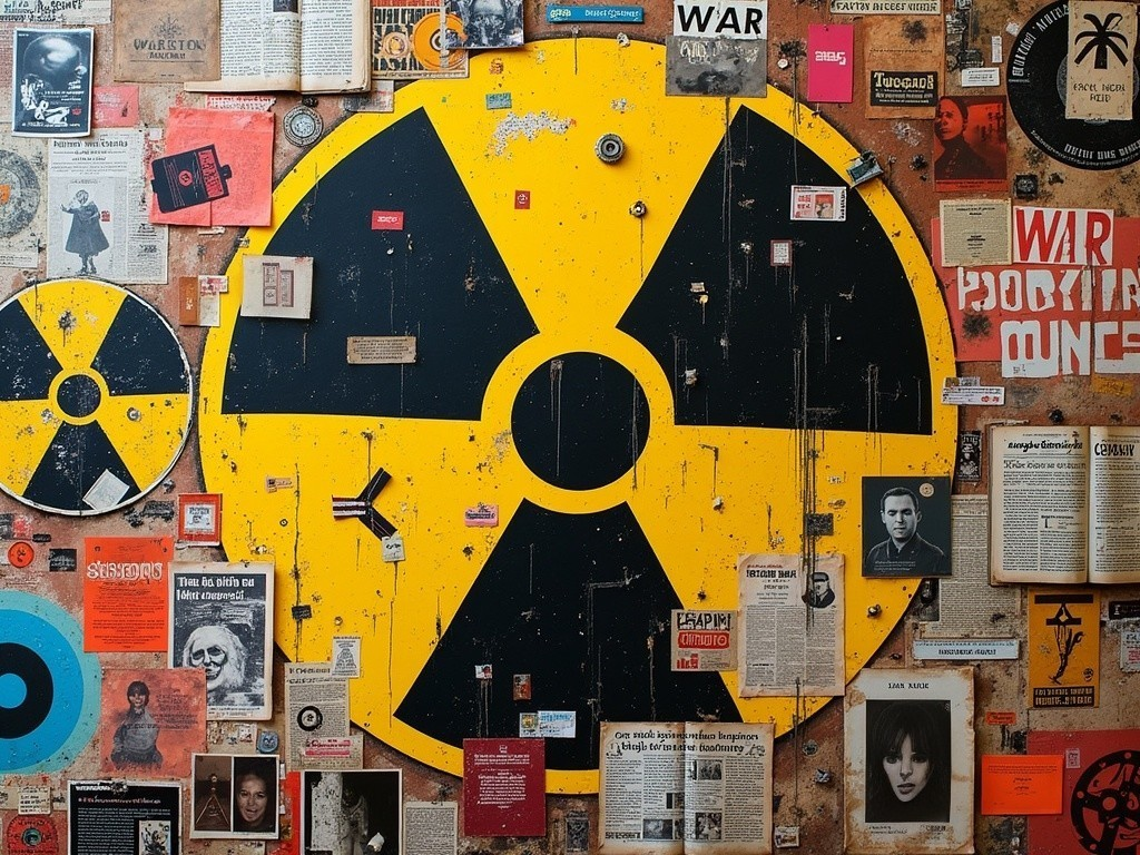 Radiation Symbol on Textured Wall with Collage Elements