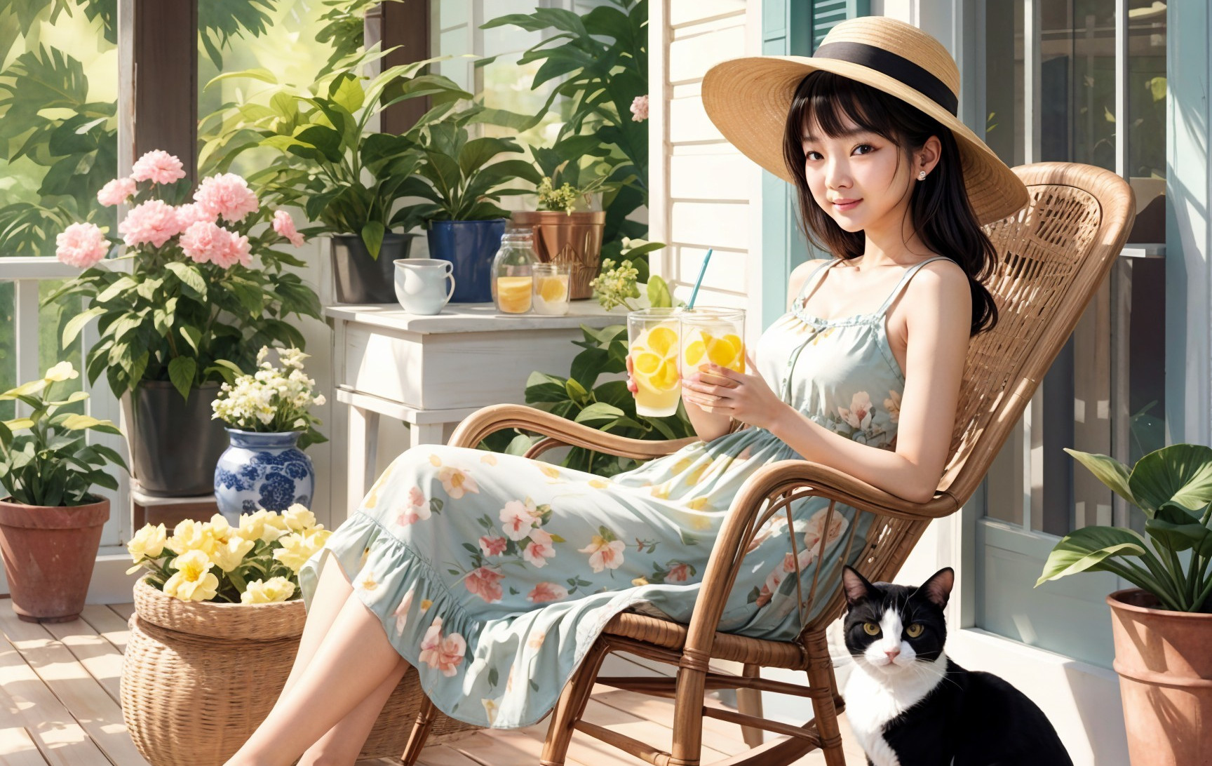 Serene Outdoor Scene with Woman and Cheerful Cat