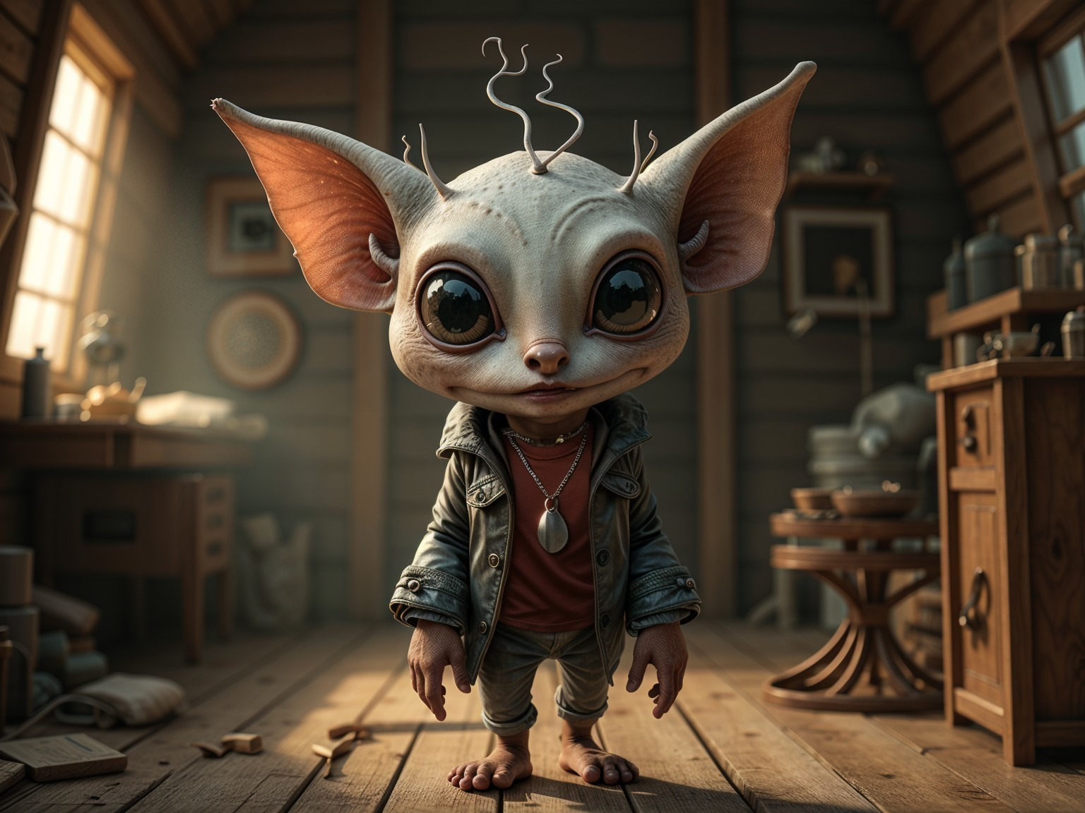 Whimsical Creature in Cozy Rustic Room Setting