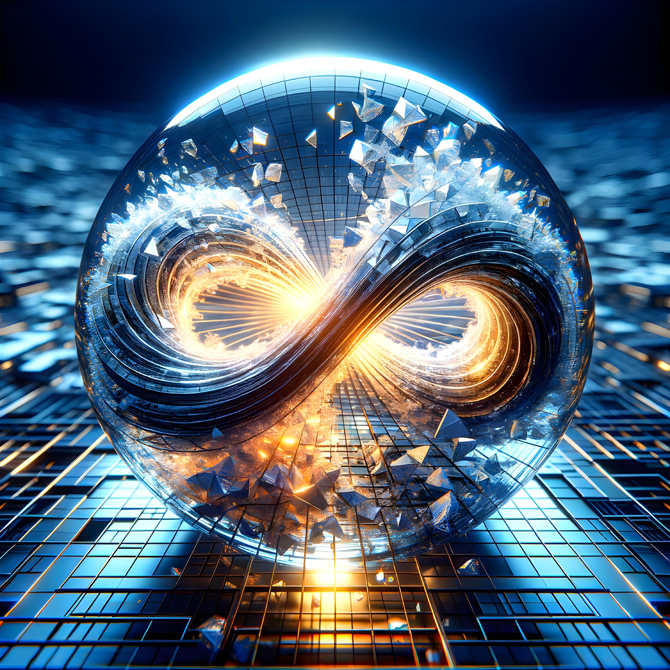 Glowing Infinity Symbol in Crystal Sphere with Digital Background