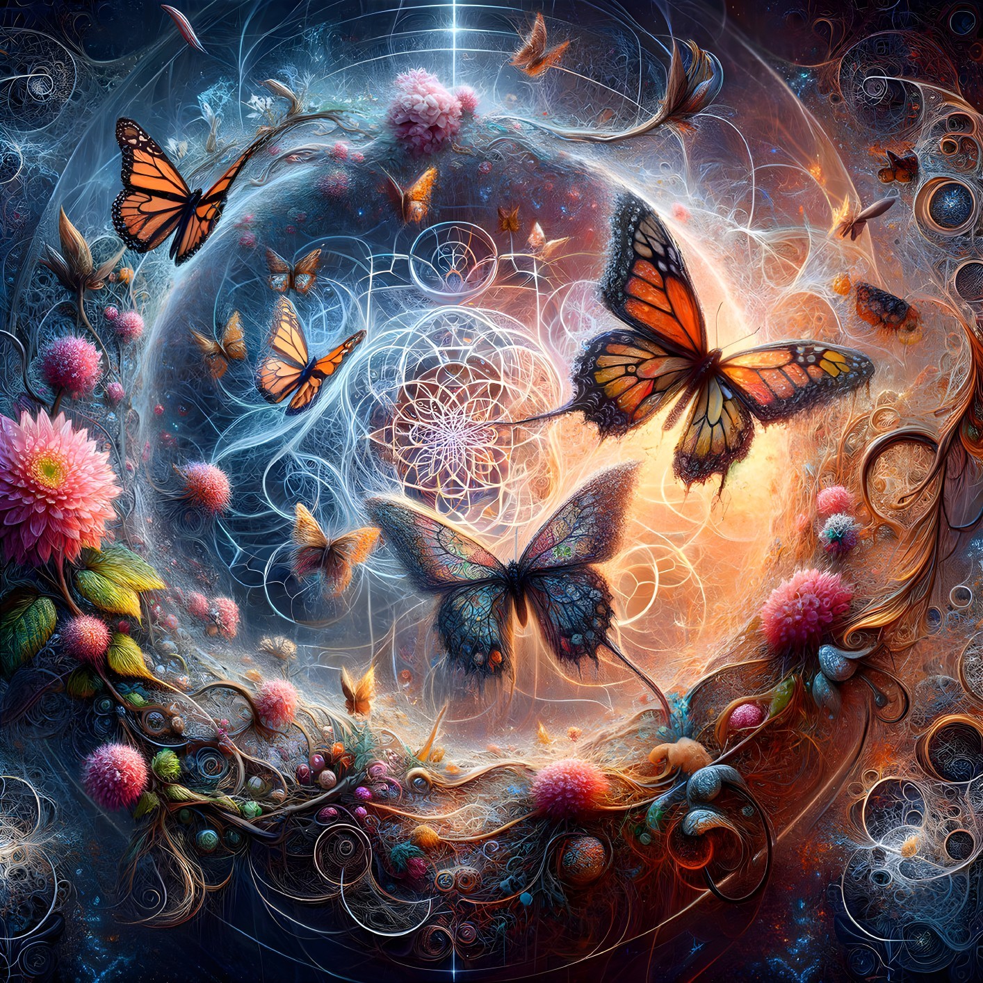 Vibrant Butterflies in a Cosmic Surreal Landscape