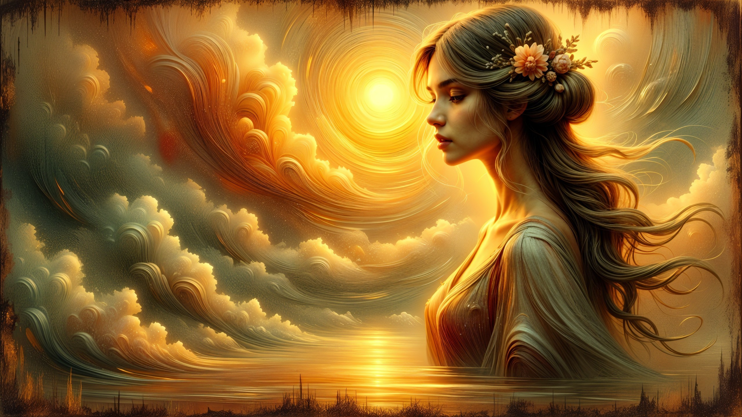 Serene Woman at Sunset with Vibrant Cloud Swirls