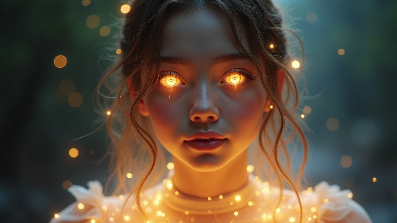 Young woman with glowing eyes in ethereal setting