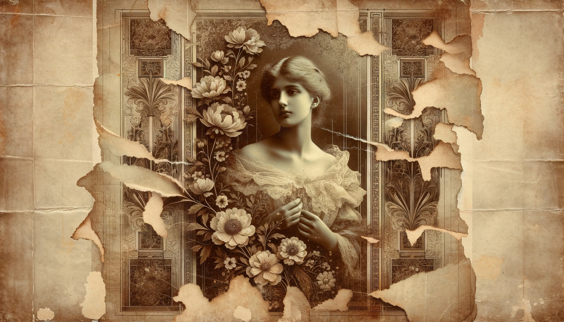 Vintage Portrait of Woman with Floral Patterns