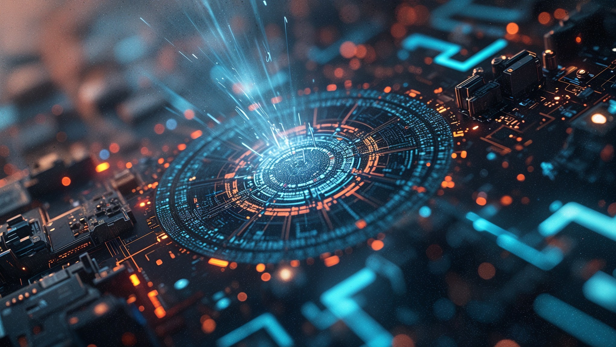 Futuristic Circuit Board with Glowing Patterns and Microchips