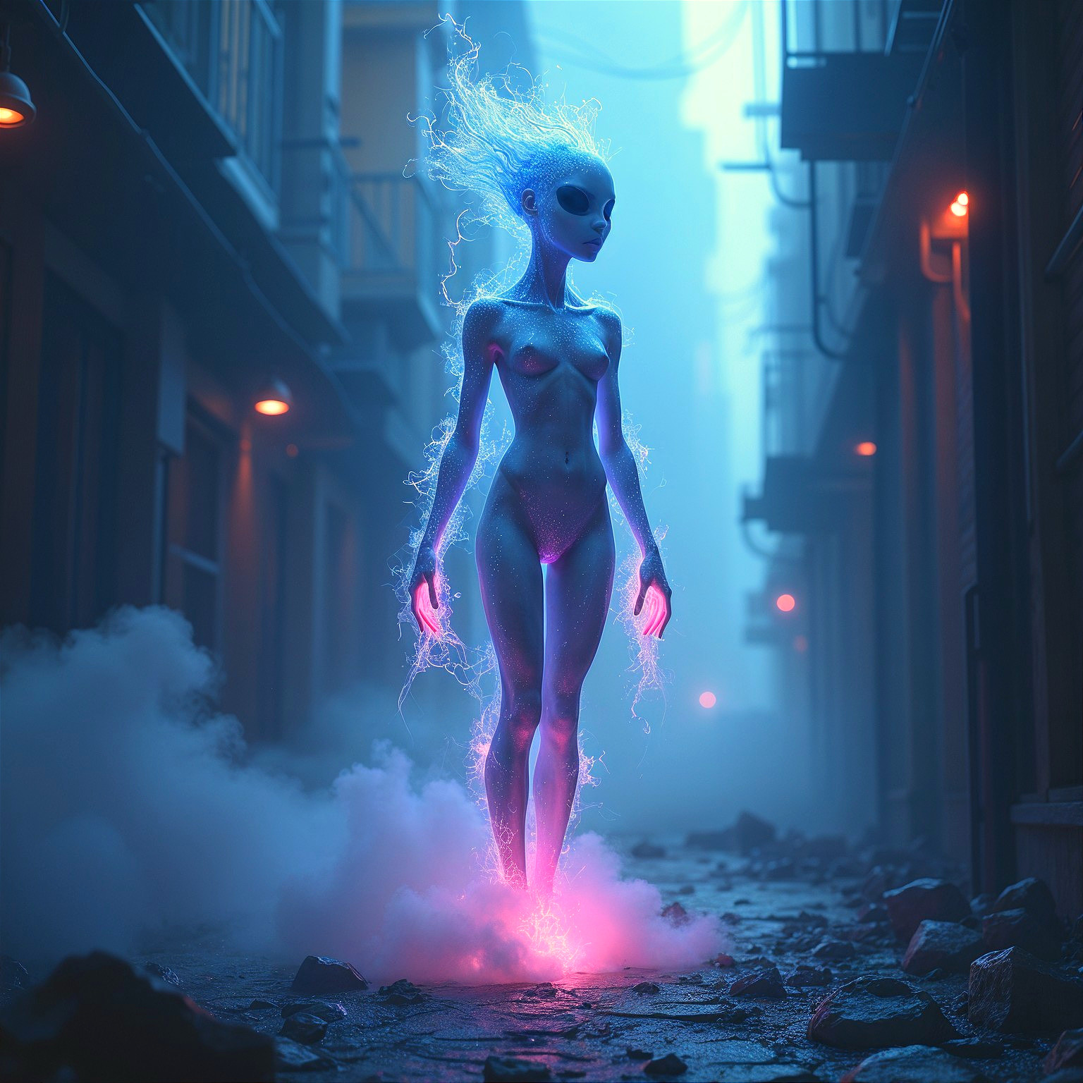Humanoid Figure with Ethereal Glow in Misty Alley